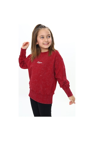 Toontoy Kız Çocuk Relax Fit Bisiklet Yaka Düşük Omuz Nakış Baskılı Sweatshirt - 2 İplik Bordo
