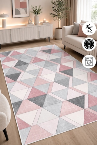 Geometrik Desen Dijital Baskılı Dekoratif Kaymaz Taban Yıkanabilir Halı Salon Oturma Odası Halısı Yolluk Pembe