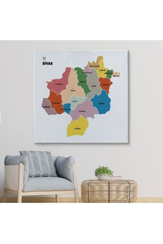 Es10 Özel Tasarım Sivas İli ve İlçeler Haritası Dekoratif Kanvas Tablo 1455 (70 x 70)