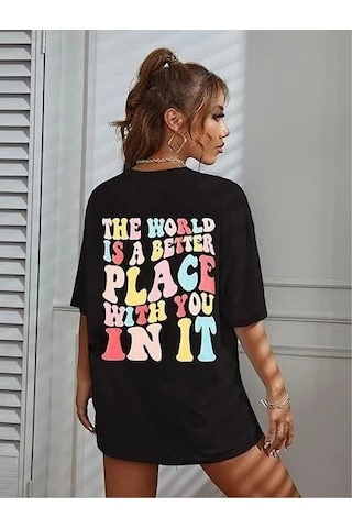 Kadın Baskılı T-shirt Kısa Kol Bisiklet Yaka Oversize Rahat Kalıp Tişört - Siyah Çok Renkli
