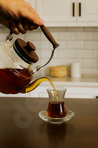 Akasya Kapaklı Ve Üstten Saplı Yuvarlak Cam Demlik - Isıya Dayanıklı - Cam Demlikli - 3 Parça Cam