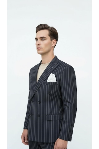 Plus Scorpion Siyah Çizgili Erkek Kruvaze Blazer Ceket İtalyan Kesim, Şık Ve Modern Siyah