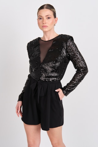 Explosion Kadın Ön - Arka Derin V Yaka Ve Transparan Payetli Kısa Abiye Tulum 2419 Siyah Siyah