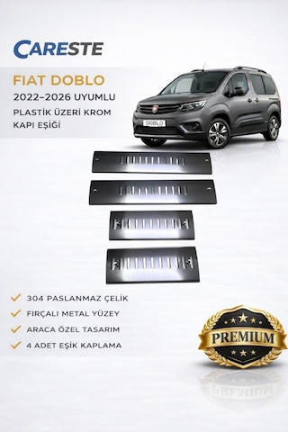 Fiat Doblo 2022-2026 Uyumlu Kapı Eşiği 4 Parça 304 Paslanmaz Çelik Plastik Üzeri Krom