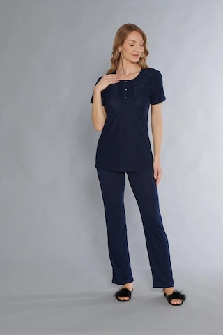 Kısa Kol Klasik Zakkum Dantel Detaylı Pijama Takımı Flz 88-120 Lacivert
