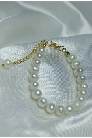 24k Altın Kaplama 8-9 Mm Gerçek İnci Sade Bileklik Beyaz Tek Ebat