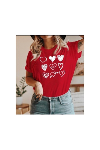 Herkesemoda Kalpler Baskı Detaylı Basic T-shirt Kırmızı