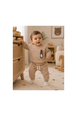 Omeca Concept Penguen Baskılı 2'li Erkek Çocuk Takımı Sweatshirt Ve Jogger Alt Günlük Bebek Eşofman Takımı kahverengi