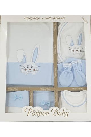 Ponpon Baby Yenidoğan 0-3 Ay Tavşan Işlemeli Desenli 10... Açık Mavi