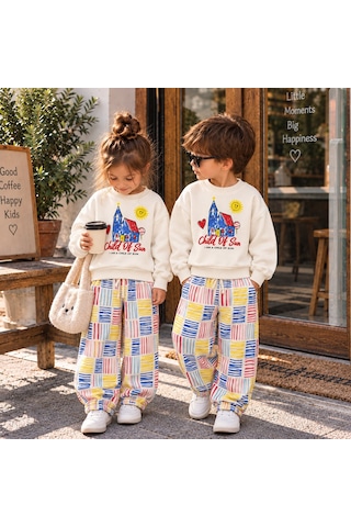 Child Of Sun Baskılı Sweatshirt Ve Lastikli Paça Çizgili Tasarım Eşofman Erkek&kız Çocuk Alt Üst Tak Kırmızı