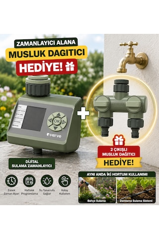 Dijital Bahçe Sulama Zamanlayıcısı + 2 Çıkışlı Musluk Dağıtıcı Hediyeli Otomatik Sulama Programlayıcı