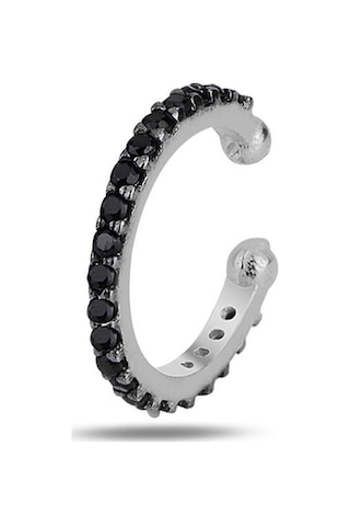 Gümüş Rodyumlu Siyah Taşlı Sıkıştırmalı Kıkırdak Küpe Ear Cuff