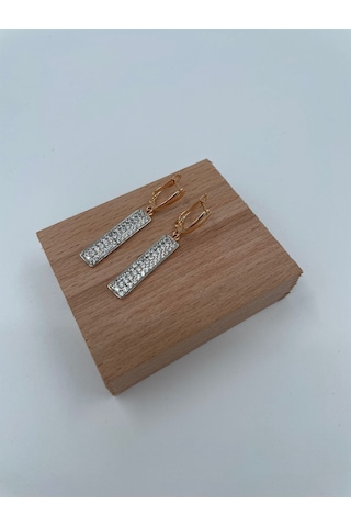 Uzun Dikdörtgen Taşlı Rose Gold Sallanan Küpe