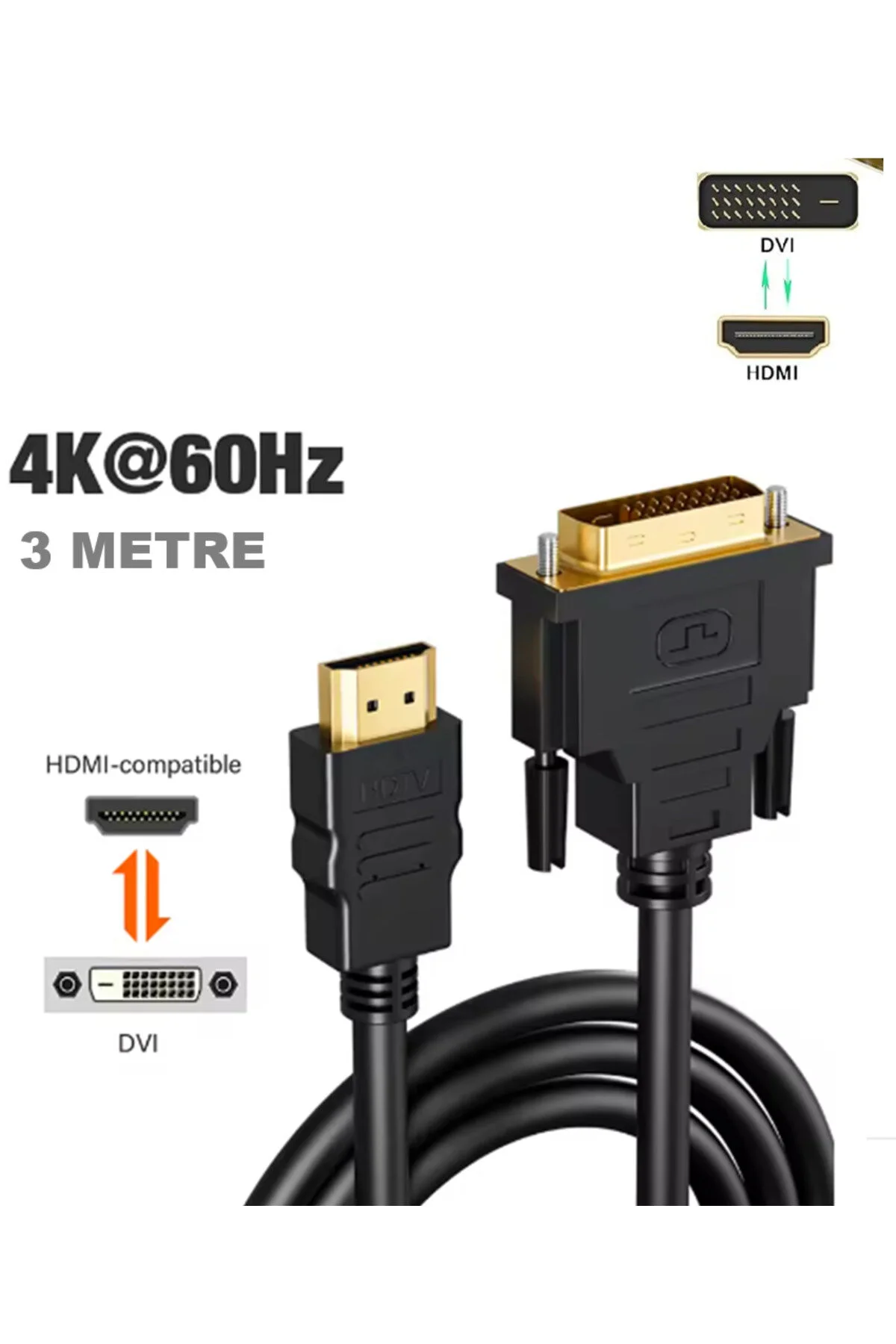 3 Metre 3mt Hdmı To Dvı Iki Çift Yönlü Dönüştürücü Adaptör Kablosu Bilgisayar Pc Laptop Pc Ps5 Xbox 360 Bir Serisi S X Uyumlu Kablo 001