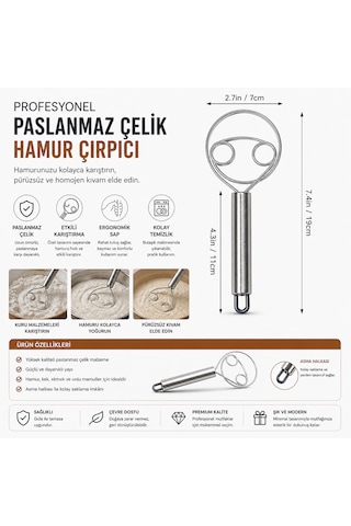 Hamur Çırpıcı Paslanmaz Çelik Profesyonel Hamur Karıştırıcı 19 Cm Gümüş