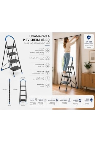 Kaymaz Tabanlı 4 Basamaklı Dengeli Merdiven, Güvenli Kullanım Ve Yüksek Dayanıklılık 100 Cm'ye Kadar