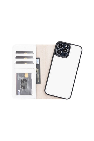 Apple Uyumlu iPhone 13 Pro Max Deri Cüzdanlı Kılıf F3 Beyaz Siyah