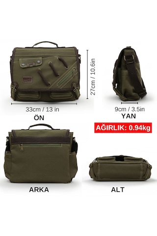 Cappadocia Vintage 4017 Haki 14" Laptop Kanvas Postacı Okul Çantası Unisex Kilitli Çok Cepli Omuz Askılı Haki
