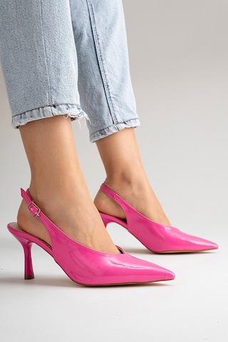 Esatsani Şeker Pembe Rugan Arka Açık 9 Cm İnce Topuklu Özel Günler Davet Stiletto Kadın Ayakkabı Pembe Rugan