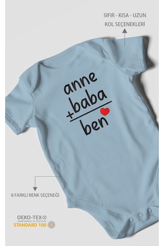 Anne Baba Ve Ben Baskılı Bebek Zıbını Çıtçıtlı Body %100 Pamuk Kısa Kol Bebe Mavisi