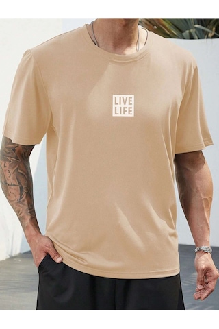 Flood Of Style Unisex Siyah Oversize Bisiklet Yaka %100 Pamuk Live Life Baskılı Bej