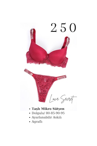 Murays Kadın 3lü Taşlı Mikro Sütyen Takım Bordo/kırmızı/yeşil