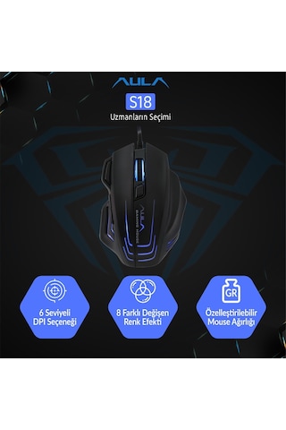 Aula S18 6400dpı Rgb 7 Programlanabilir Tuş 1000hz Gaming Oyuncu Mouse Diğer