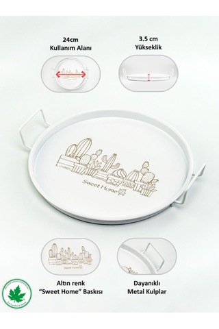 Lin Metal 24cm Yuvarlak Tel Kulplu Tepsi Kaktüs Baskılı - Beyaz