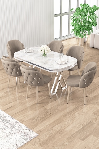 Canisa Zae Serisi 90x168 Lak Panel Beyaz Mermer Desen Krom Ayak Masa Takımı 6 Cappucino Sandalye Masa Beyaz Mermer Desen Sandalye Cappucino