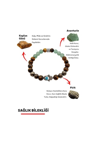 Gümüştel El Sanatları Sağlık Şifa Doğal Taş Tılsım Bilekliği Pirit Aventurin Kaplangözü Kadın Erkek Doğaltaş Bileklik Çok Renkli