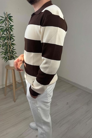Explode - Erkek Ekru - Kahve Şerit Desenli Polo Yaka Oversize Triko Kazak Kahverengi