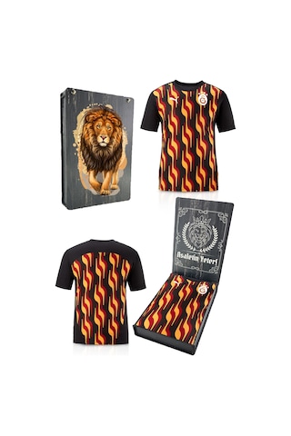 Galatasaray Lisanslı Sıfır Yaka Siyah Antrenman T-shirt Gs Aslan Baskılı Hediyelik Ahşap Kutulu Kırmızı - Beyaz