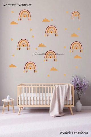 Bebek Odası Duvar Süsü Renkli Pembe Gökkuşağı, Bulut Ve Yıldız Beyaz