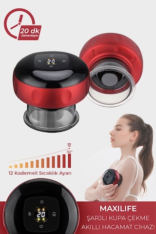 Smart Cupper Şarjlı Kupa Çekme Işık Tedavili Hacamat Masaj Vakum Cihazı Kırmızı