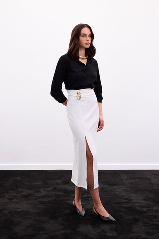 Sateen Gold Yan Aksesuarlı Etek - Ekru-136886 Ekru