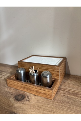 Mimoza Baharatlık Bölmeli Ahşap Masaüstü Peçetelik 24 Adet Restaurant Dispenser Afrika Ceviz Baharatlıklar Hariç