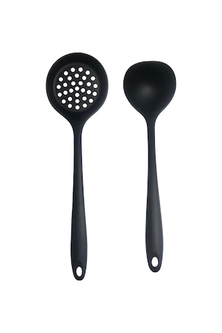 Burcummm Silikon 2 Li Uzun Kepçe Kevgir Seti Siyah