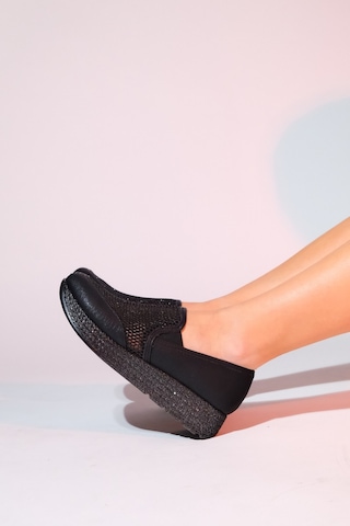 Luvishoes Purcan Siyah Simli Fileli Kalın Tabanlı Kadın Günlük Ayakkabı Siyah
