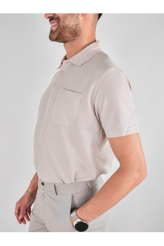 Erkek Yakalı Cepli Waffle Taş Bej Tshirt