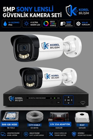 Korel Bilişim 2 Kameralı 5mp Sony Lensli Gece Renkli Güvenlik Kamerası Seti 500 Gb Hd