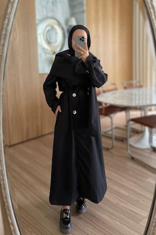 Ka Hijab Şal Detay Maxi Boy Trençkot - Siyah