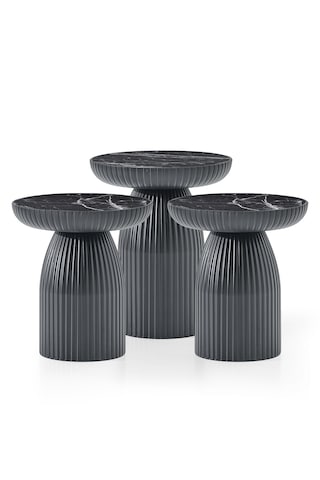 Diamond, Bohem Sehpa, 3'lü Set, Yan Sehpa, Zigon Sehpa - Siyah & Siyah Mermer Renk Tabla Siyah Gövde & Siyah Mermer Desenli Tabla
