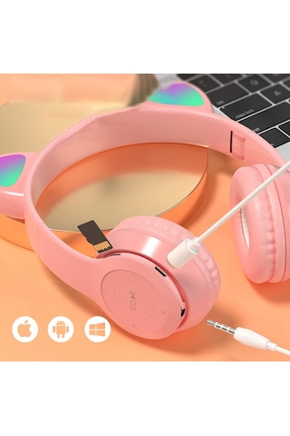 Qasul P47 Kedi Kulak Led Işıklı Kablosuz Bluetooth Mikrofonlu Hafıza Kulaklık 