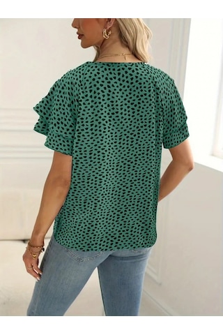 Modaserdem Kadın Kısa Kollu Kolları Volanlı Baskılı Süprem Bluz Yeşil