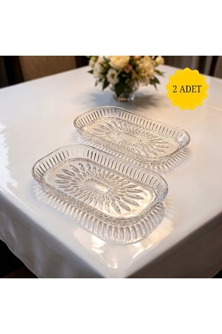 2'li Dikdörtgen Damla Desen Cam Sunum - Çerez Meyve Tabağı 29x17 Cm Şeffaf