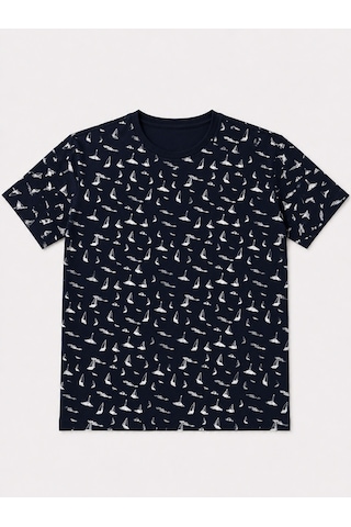 Büyük Beden Sıfır Yaka Marina Baskılı Pike Kumaş Erkek Battal Tshirt Lacivert