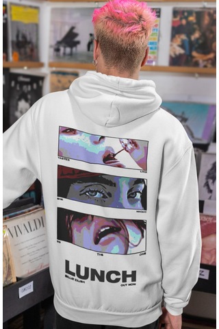 Sevbano Billie Eilish Lunch Şarkıcı Sırt Baskılı Unisex Oversize Penye Ho beyaz