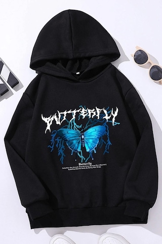 Uyguntarz Çocuk Blue Butterfly Baskılı Sweatshirt Siyah