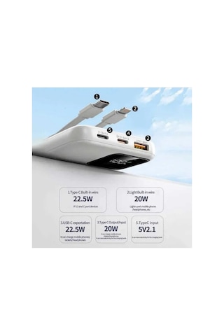 20000mah Powerbank 22.5w Hızlı Şarj Özellikli Type C Ve Lightning Kablolu Pd Taşınabilir Şarj Aleti Beyaz