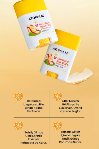 Bebek Ve Çocuklar İçin Mineral Filtreli Stick Güneş Kremi Atopalm Outdoor Sun Stick Spf50+ Pa++++